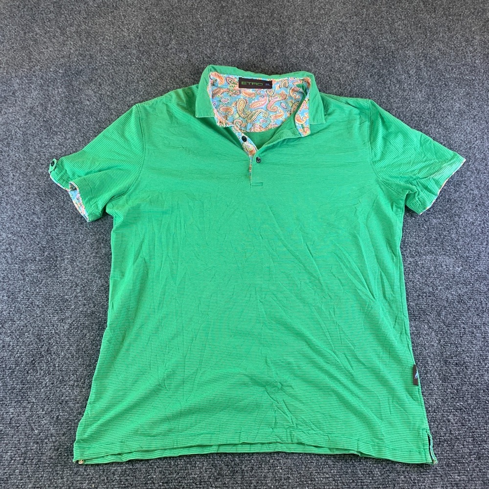 ETRO Polo Shirt Men 2XL Green Pinstripe Cotton Performance Golf Tennis Side Slit